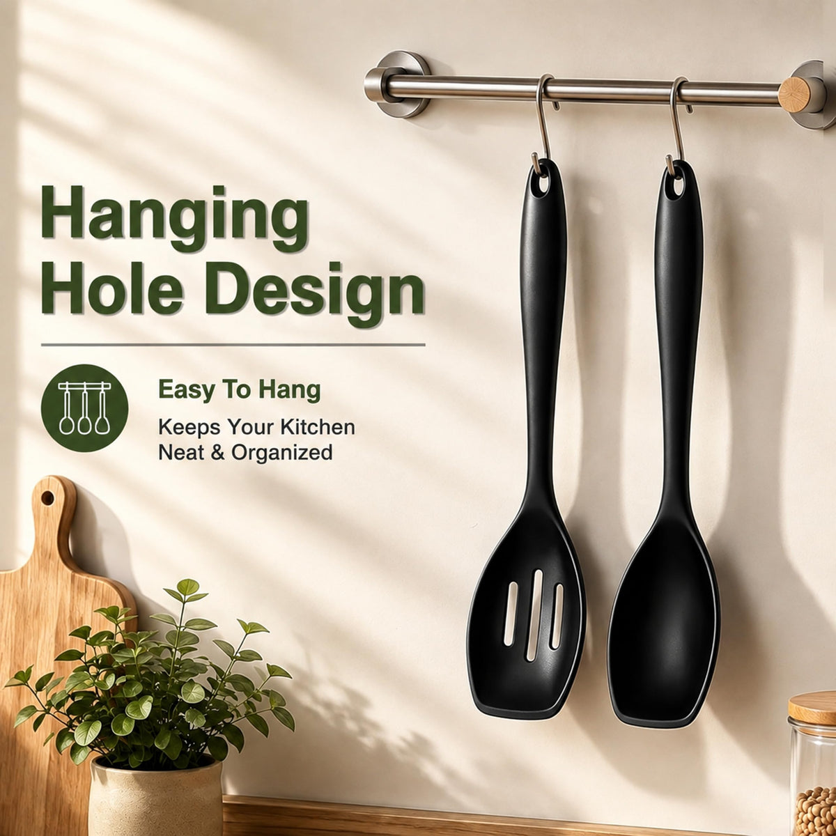 2PCS Thickened Silicone Cooking Spoon Set, Solid & Slotted Serving Spoons with Integrated Silicone Handles, Heat Resistant Nonstick Kitchen Utensils for Cooking(Black)