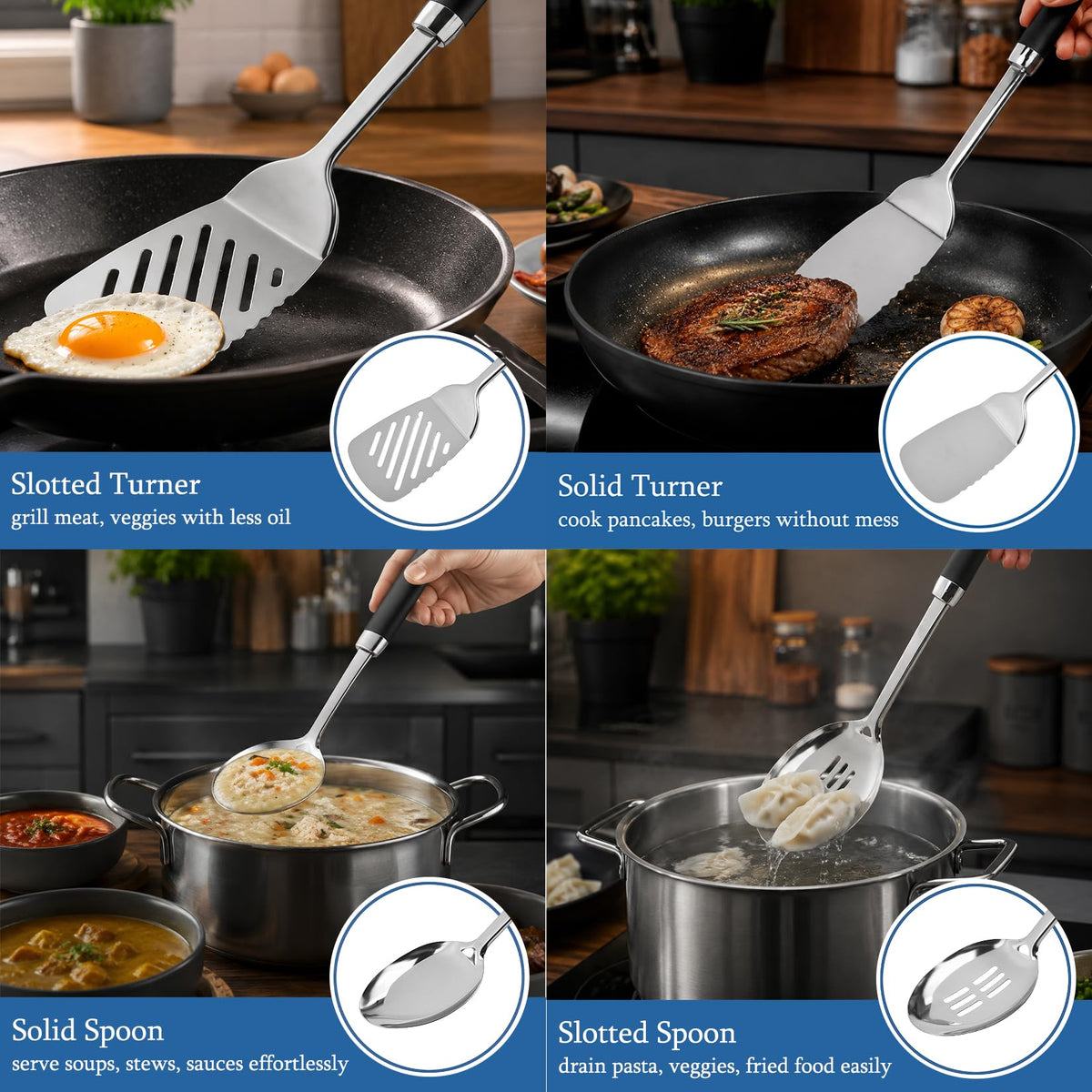4PCS Stainless Steel Cooking Spatula Spoon Set, Metal Cooking Utensils Set with Anti-Scald Handle, Heat Resistant Kitchen Utensils Set with Turners, Serving Spoon, Ladle, Skimmer, Pasta Server