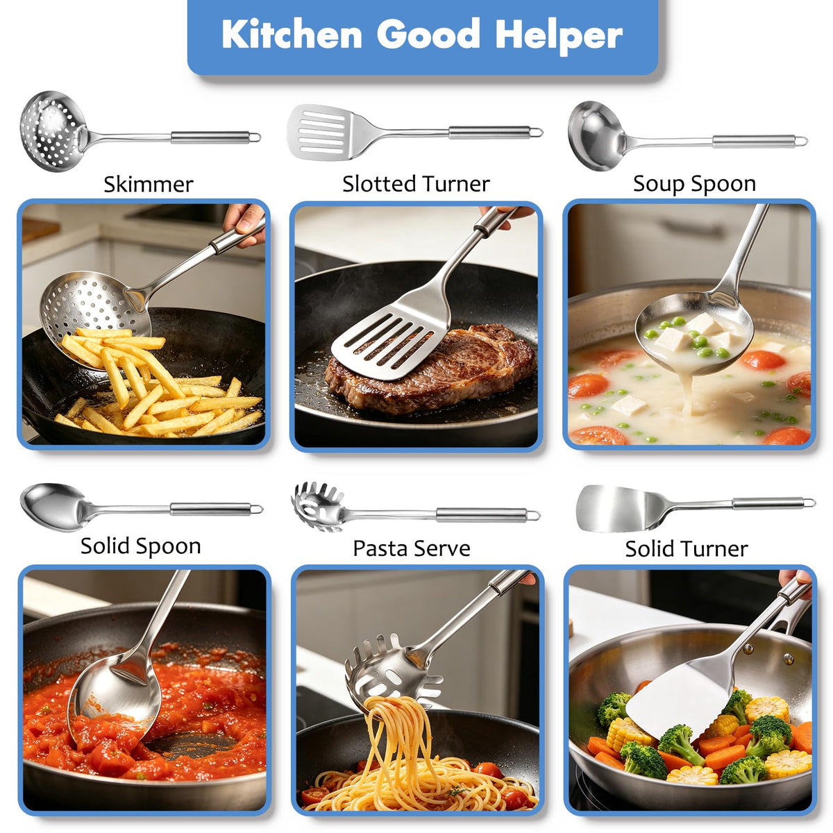 Cooking Utensils Set 11pcs - Stainless Steel Kitchen Utensils Set with Holder, Heat Resistant Kitchen Utensils Sets for Cooking with Turners, Potato Masher, Skimmer, Spoons, Ladle, Tongs, Whisk