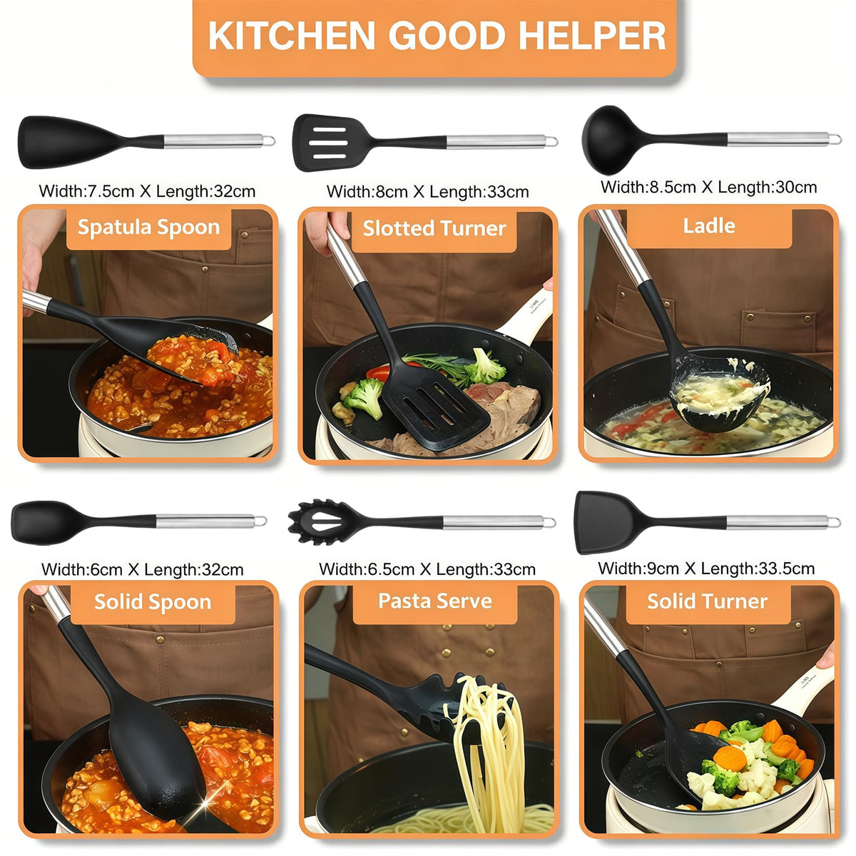 Large Silicone Kitchen Utensils Set, 6 PCS Nonstick Cooking Utensils Set with Stainless Steel Handle, Heat Resistant Silicone Utensil Spatula Set for Cooking with Turner, Spoon and Ladle(Black/Silver)