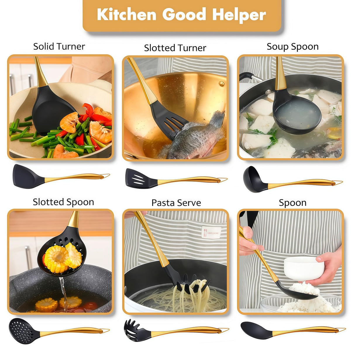 Silicone Cooking Utensils Set, 17pcs Kitchen Utensil Set with Rotatable Holder, Heat-Resistant Silicone Utensils for Cooking, Non-Stick Spatula Set with Stainless Steel Handle,Turner,Ladle (Gold)