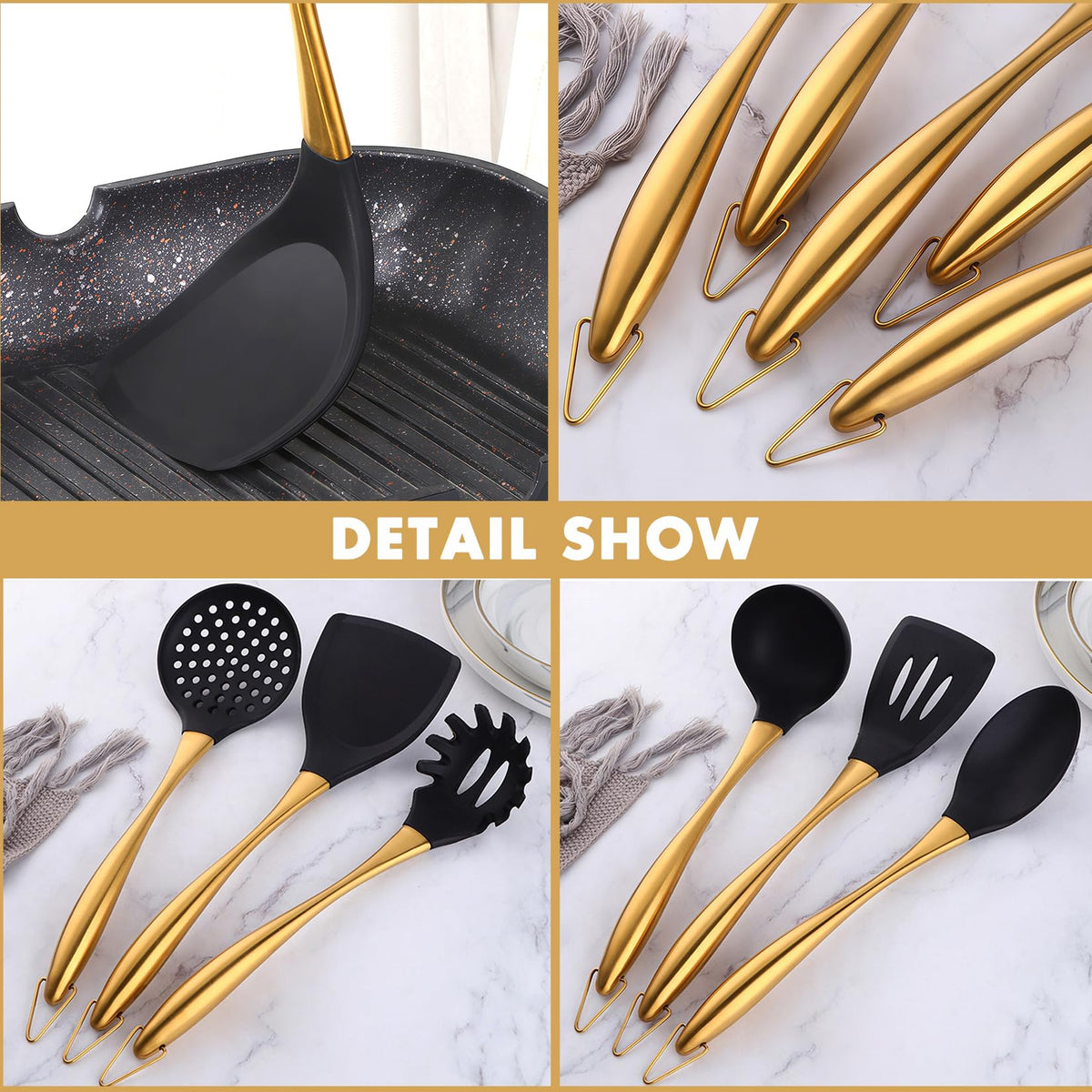 Silicone Cooking Utensils Set, 9Pcs Kitchen Utensil Set with Stainless Steel Handle, Heat-Resistant Silicone Utensils for Cooking, Non-Stick Spatula Set with Spoons, Turners, Ladle (Gold)