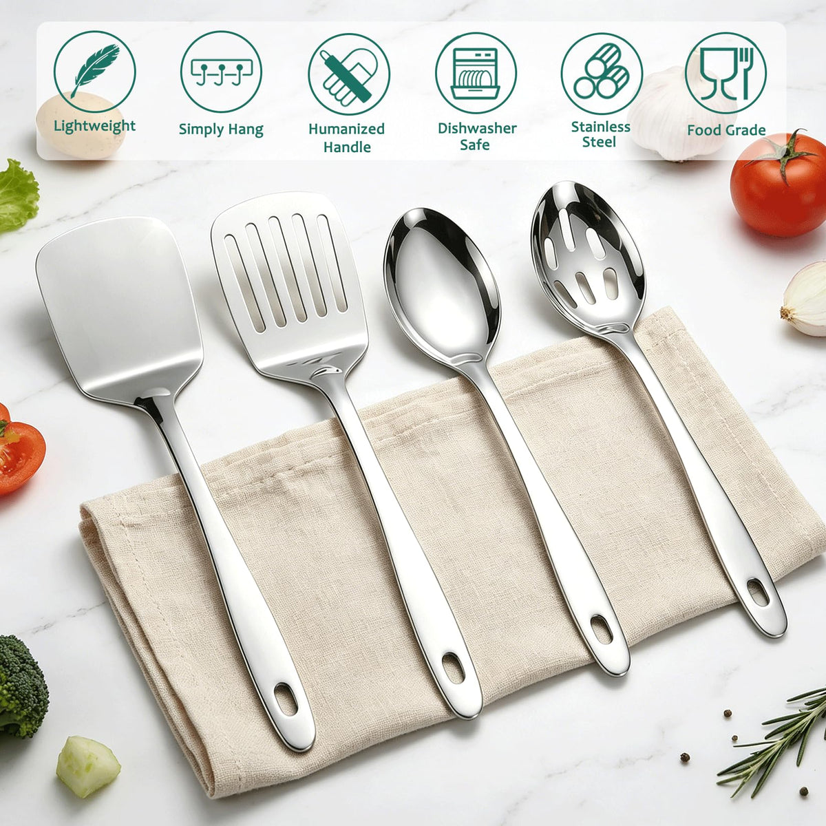 Stainless Steel Spatula Spoon Set, 4PCS Large Cooking Utensils Set with Thickened Edge, Heat Resistant Cooking Spatula Set, Metal Solid and Slotted Turners, Serving Spoon