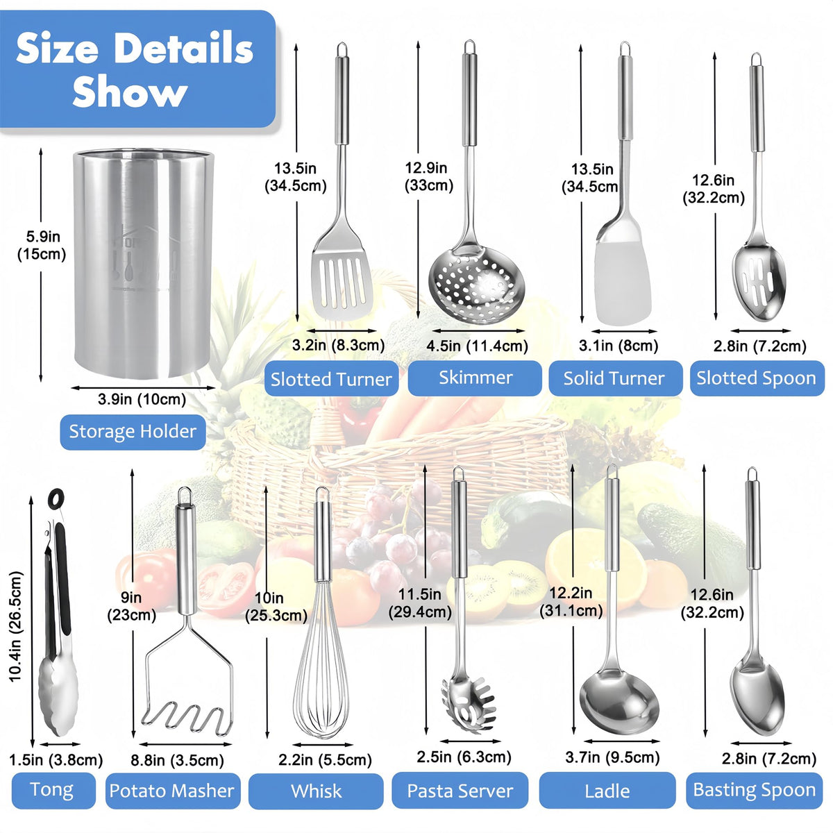Cooking Utensils Set 11pcs - Stainless Steel Kitchen Utensils Set with Holder, Heat Resistant Kitchen Utensils Sets for Cooking with Turners, Potato Masher, Skimmer, Spoons, Ladle, Tongs, Whisk