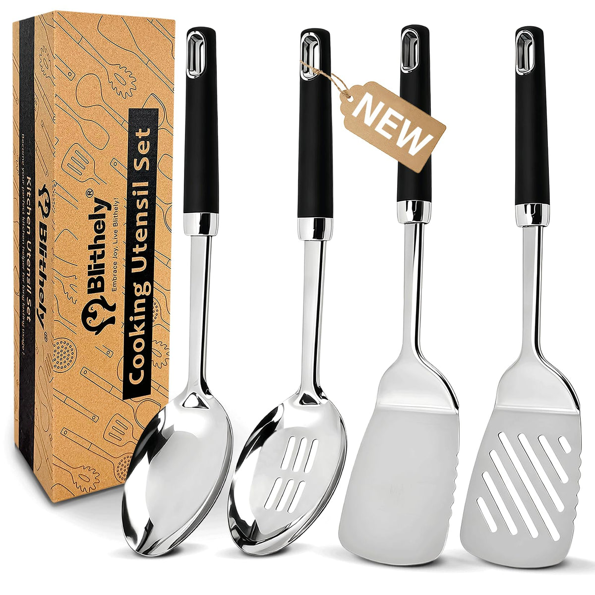 4PCS Stainless Steel Cooking Spatula Spoon Set, Metal Cooking Utensils Set with Anti-Scald Handle, Heat Resistant Kitchen Utensils Set with Turners, Serving Spoon, Ladle, Skimmer, Pasta Server