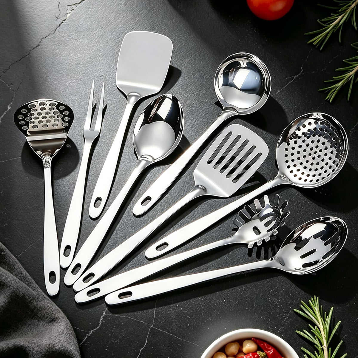 9PCS Stainless Steel Cooking Utensils Set, Large Metal Kitchen Utensils Set with Thickened Edge, Heat Resistant Spatula Turners Set with Ladle, Turners, Spoons, Skimmer