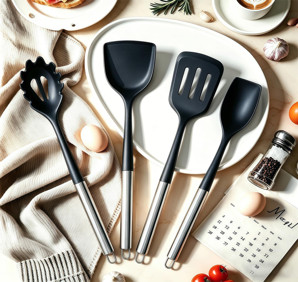 Large Silicone Cooking Utensils Set, 10Pcs Nonstick Kitchen Utensil Set with Stainless Steel Handle, BPA Free Spatula Set with Turners Spoon Ladle Skimmer(Black/Silver)