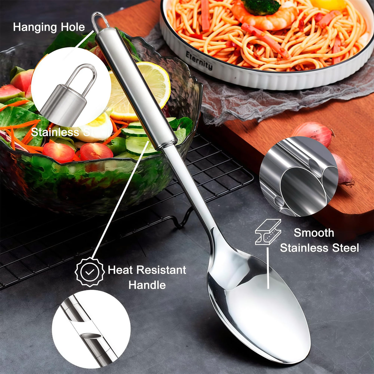 Large Cooking Spoon and Pasta Fork Set, 2 Pack Stainless Steel Serving Spoon, Heat Resistant Kitchen Noodle Spoon for Cooking, Serving, Mixing and Spaghett