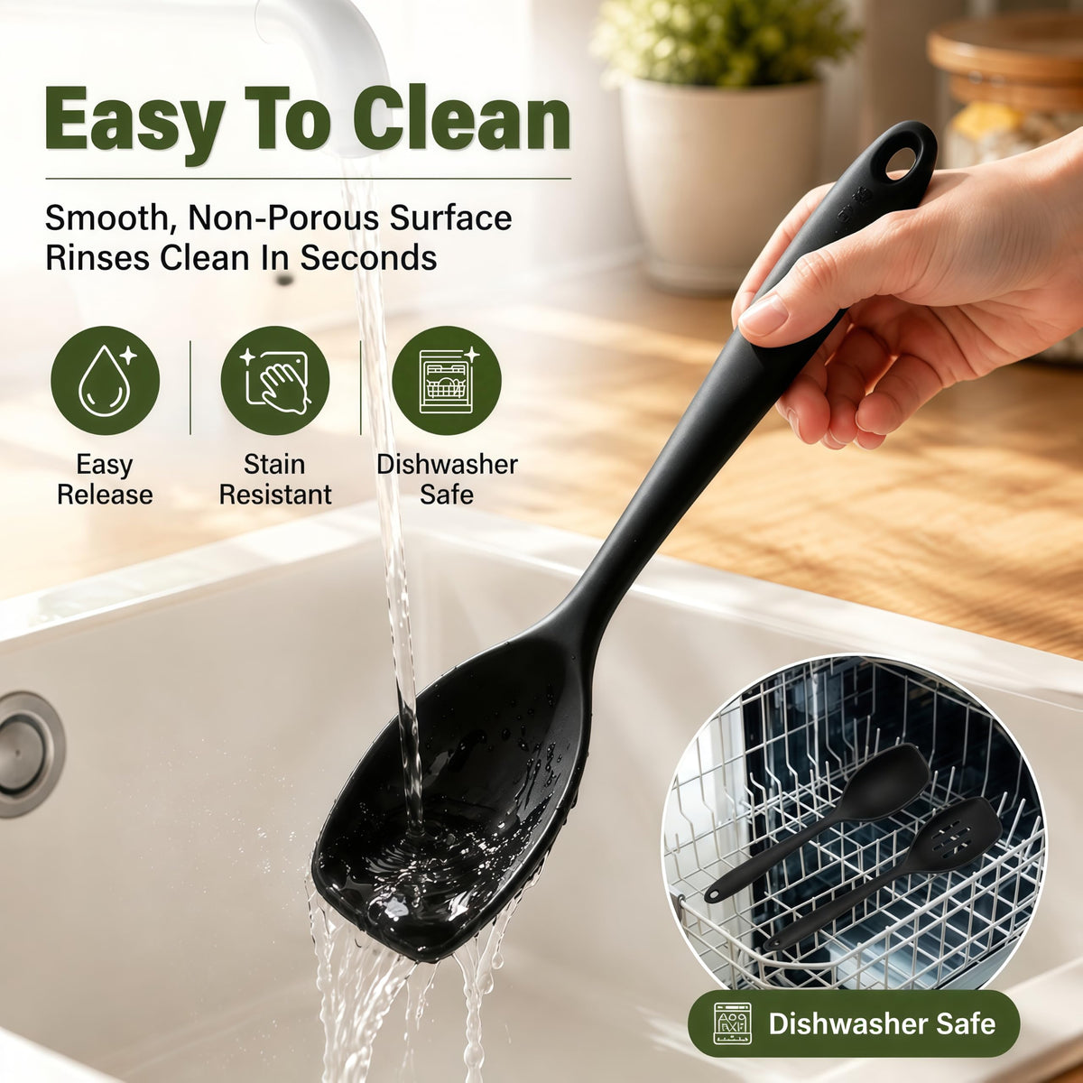 2PCS Thickened Silicone Cooking Spoon Set, Solid & Slotted Serving Spoons with Integrated Silicone Handles, Heat Resistant Nonstick Kitchen Utensils for Cooking(Black)