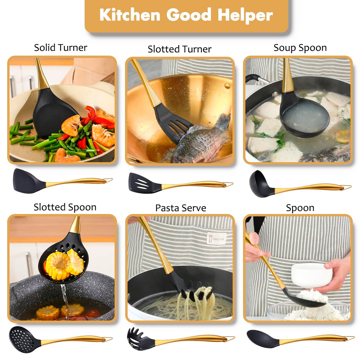Silicone Cooking Utensils Set, 9Pcs Kitchen Utensil Set with Stainless Steel Handle, Heat-Resistant Silicone Utensils for Cooking, Non-Stick Spatula Set with Spoons, Turners, Ladle (Gold)