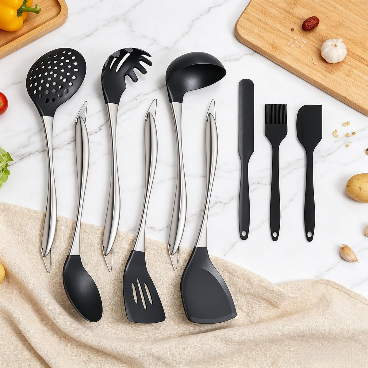 Silicone Cooking Utensils Set, 9Pcs Kitchen Utensil Set with Stainless Steel Handle, Heat-Resistant Silicone Utensils for Cooking, Non-Stick Spatula Set with Spoons, Turners, Ladle (Sliver)