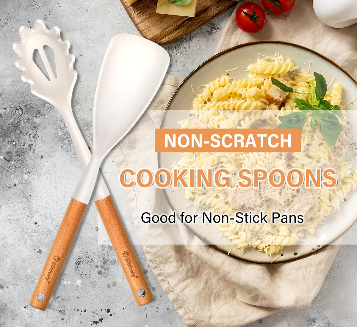 Silicone Cooking Spoon and Pasta Fork Set, 2 Pack Large Spatula Spoons Set with Wooden Handle, Nonstick Multifunction Spoon for Cooking, Serving, Mixing and Spaghetti (White)