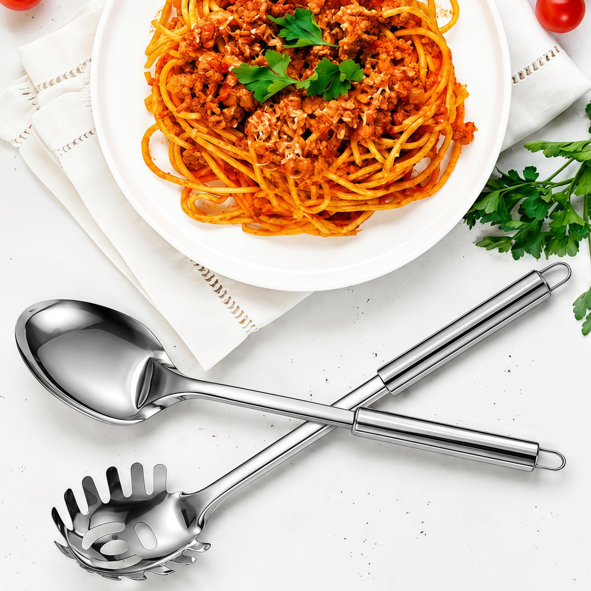 Large Cooking Spoon and Pasta Fork Set, 2 Pack Stainless Steel Serving Spoon, Heat Resistant Kitchen Noodle Spoon for Cooking, Serving, Mixing and Spaghett
