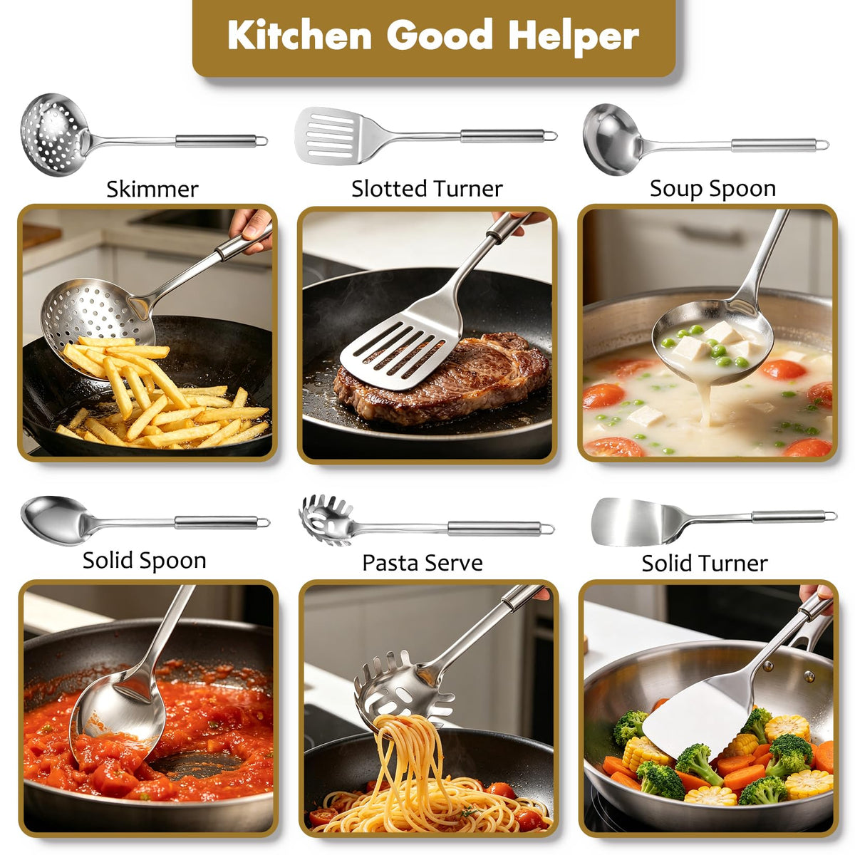 Stainless Steel Kitchen Utensils Set, 6 PCS Metal Cooking Utensils Set, Heat Resistant Cooking Spatula Spoon Set with Turners, Serving Spoon, Ladle, Skimmer, Pasta Server