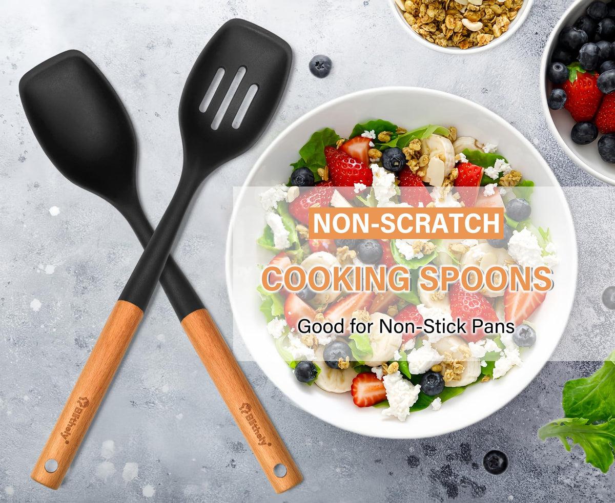 2Pcs Large Silicone Cooking Spoon Set, Nonstick Serving Spoons for Cooking, Solid and Slotted Spatula Spoons with Stainless Steel Handle, Heat Resistan Silicone Utensil Set(Black/Silver)