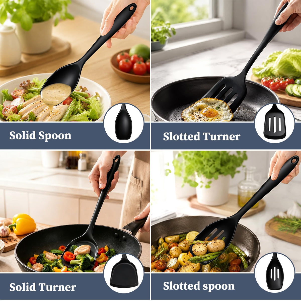 4PCS Silicone Spatula Spoon Set, Full Thickened Silicone Cooking Utensils Set, Heat Resistant Cooking Spatula Set, Nonstick Solid and Slotted Turners, Serving Spoon