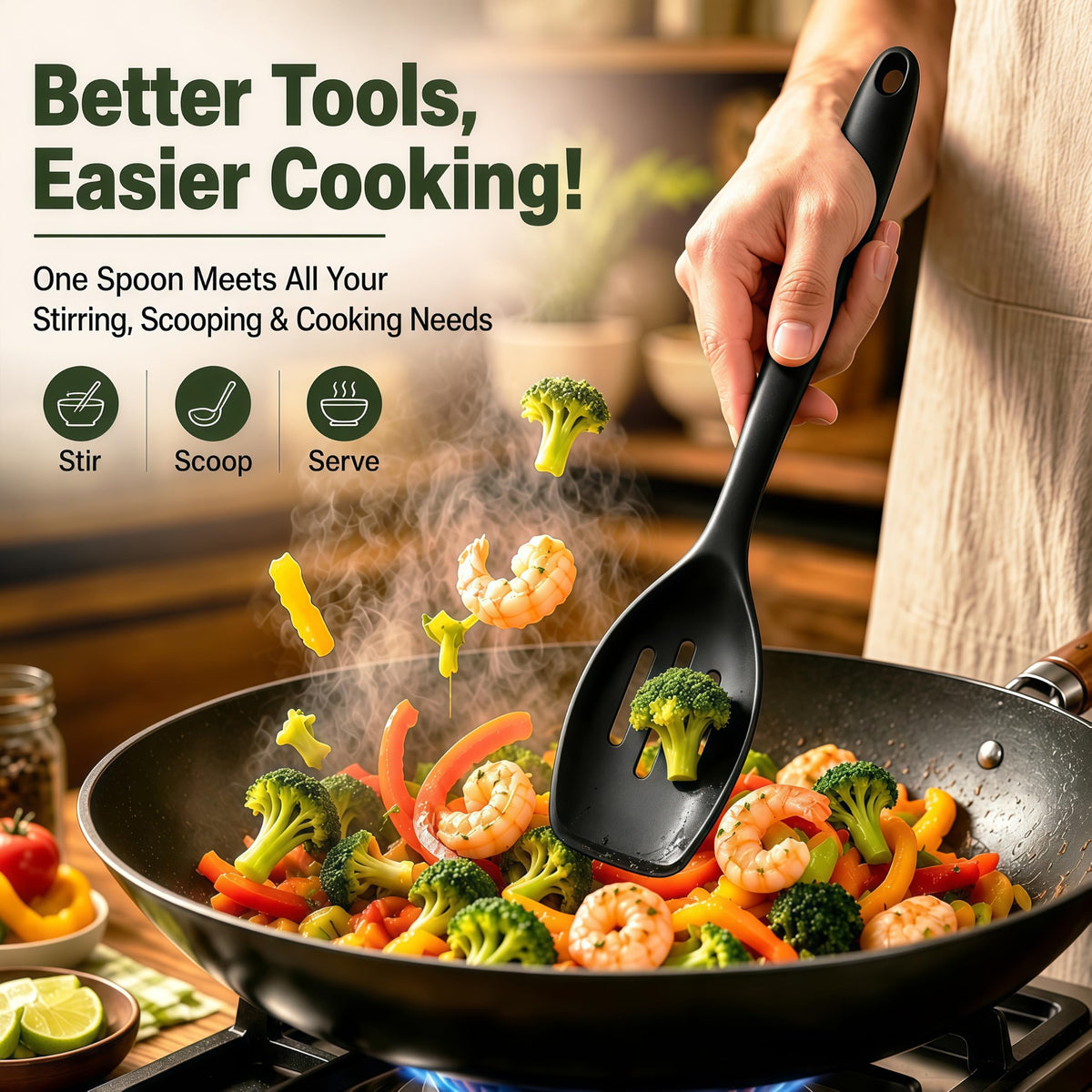 2PCS Thickened Silicone Cooking Spoon Set, Solid & Slotted Serving Spoons with Integrated Silicone Handles, Heat Resistant Nonstick Kitchen Utensils for Cooking(Black)